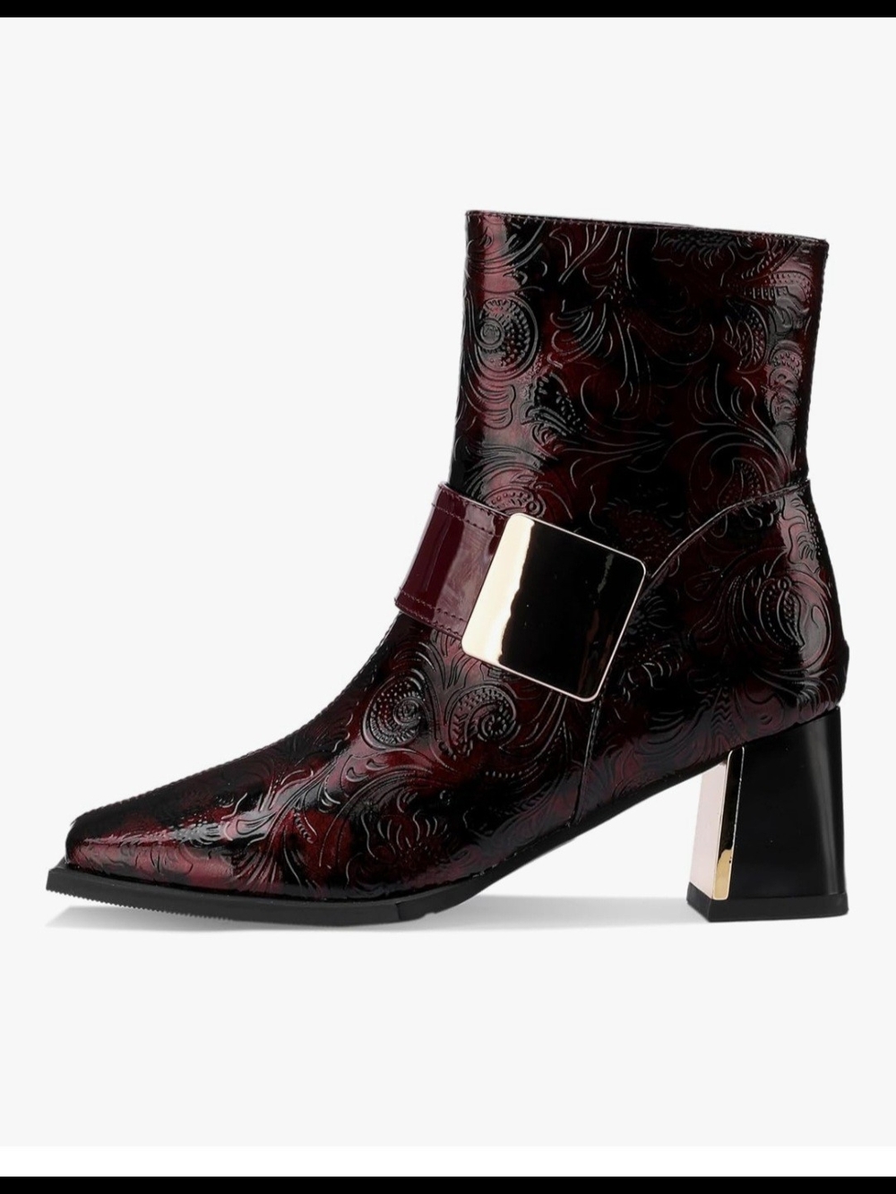 Burgundy Patent Leather Ankle Boots with Gold Buckle! Look At The HEEL TOO!!